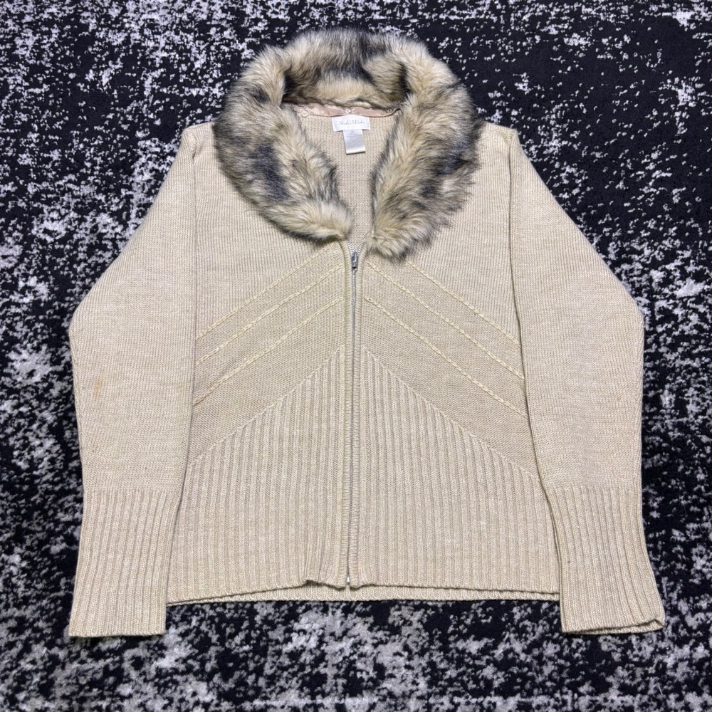 Studio Works Vintage Faux Fur Collar Zip Up Cardigan Sweater Beige Tan Medium